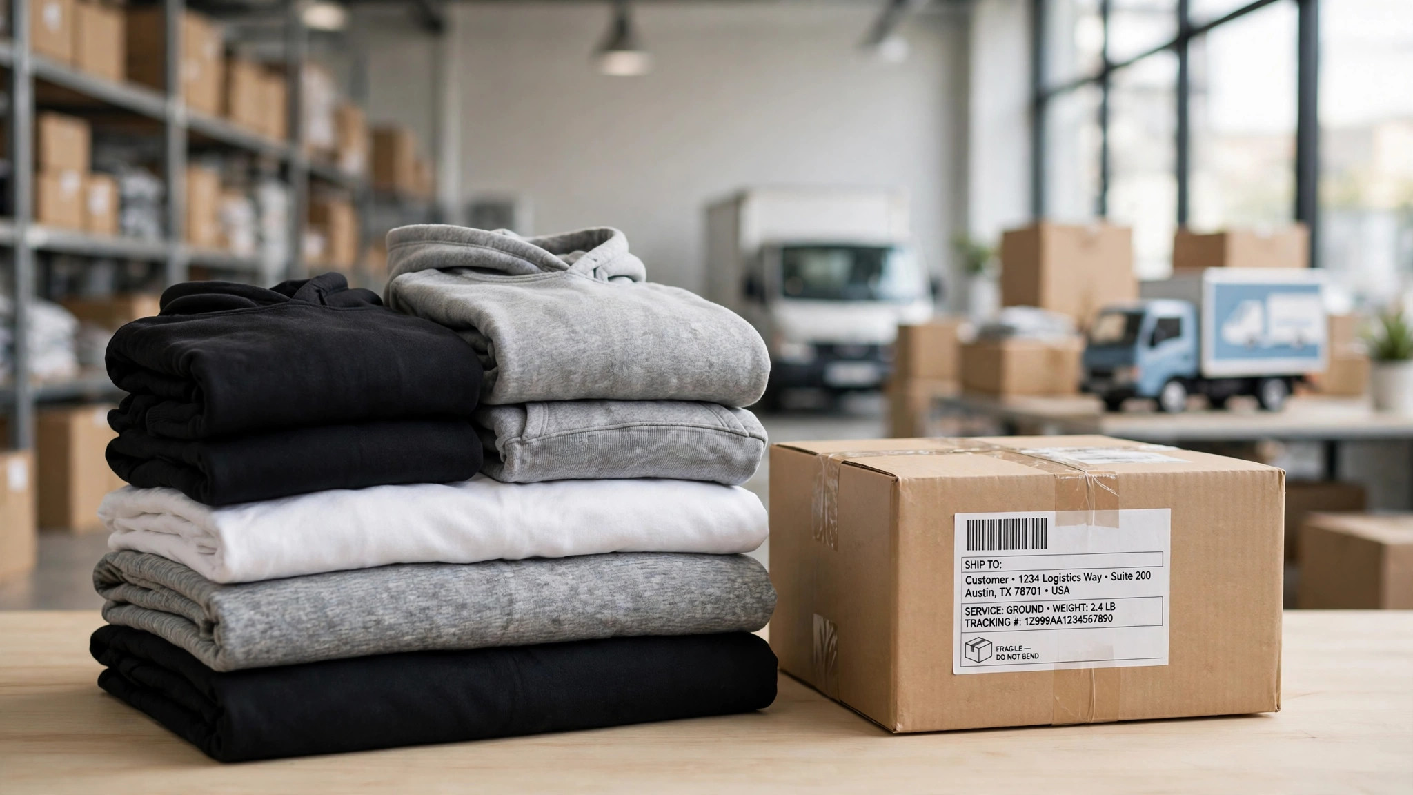 Folded heavyweight Lucid Blanks hoodies and tees next to a shipping parcel ready for delivery